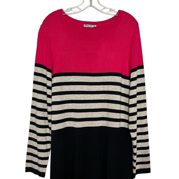 Eliza J Black White Pink Striped Colorblock Fit Flare Sweater Dress Plus Size - Picture 7 of 9